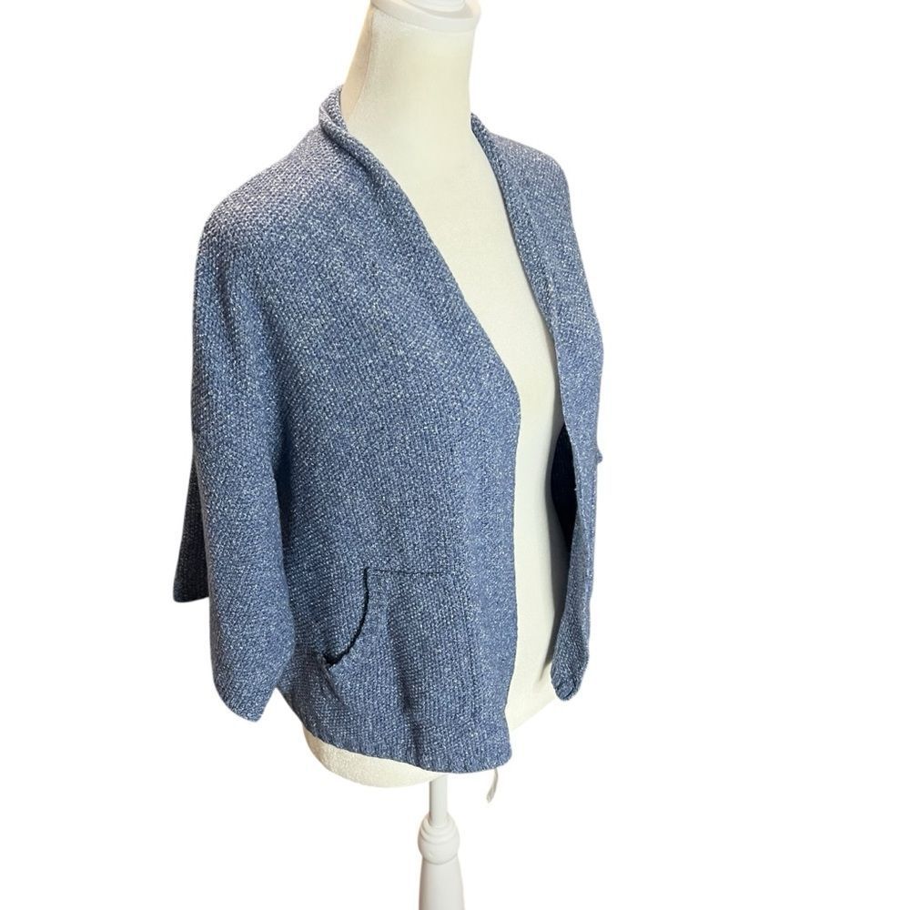 Eileen Fisher Blue Heather Wool Silk Boucle Open Front Cardigan Sweater Petite L - Picture 3 of 7